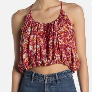 FREE PEOPLE Daisy Babe Red Orange Floral Cropped Bubble Strappy Tank Top Large